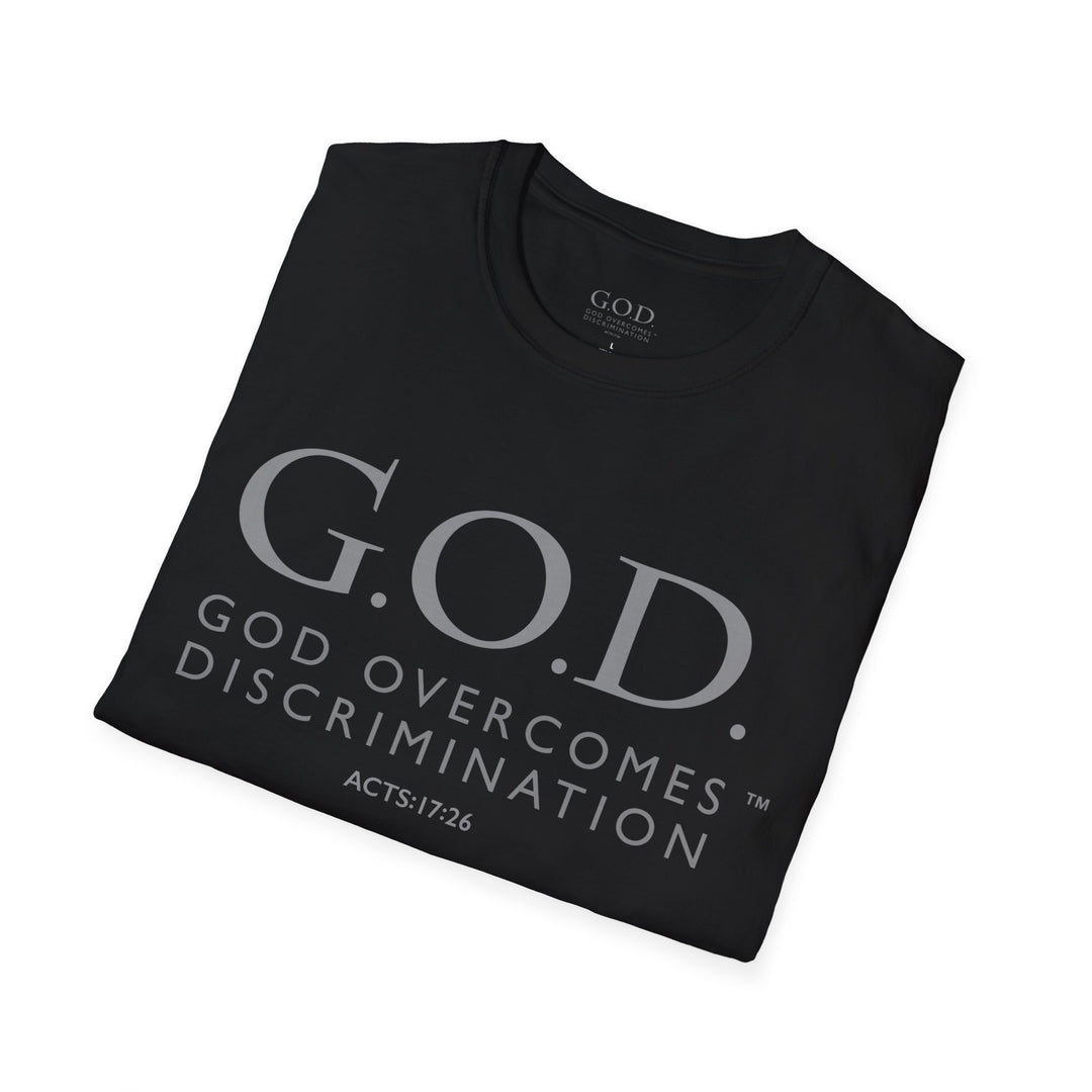 God Overcomes Discrimination  Unisex Softstyle T-Shirt Design 1