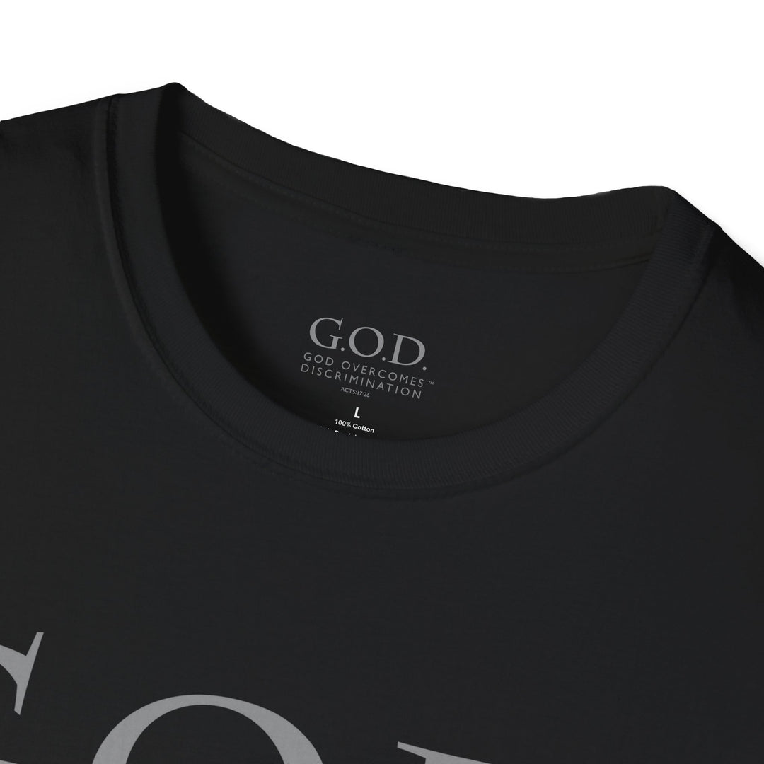 God Overcomes Discrimination  Unisex Softstyle T-Shirt Design 1