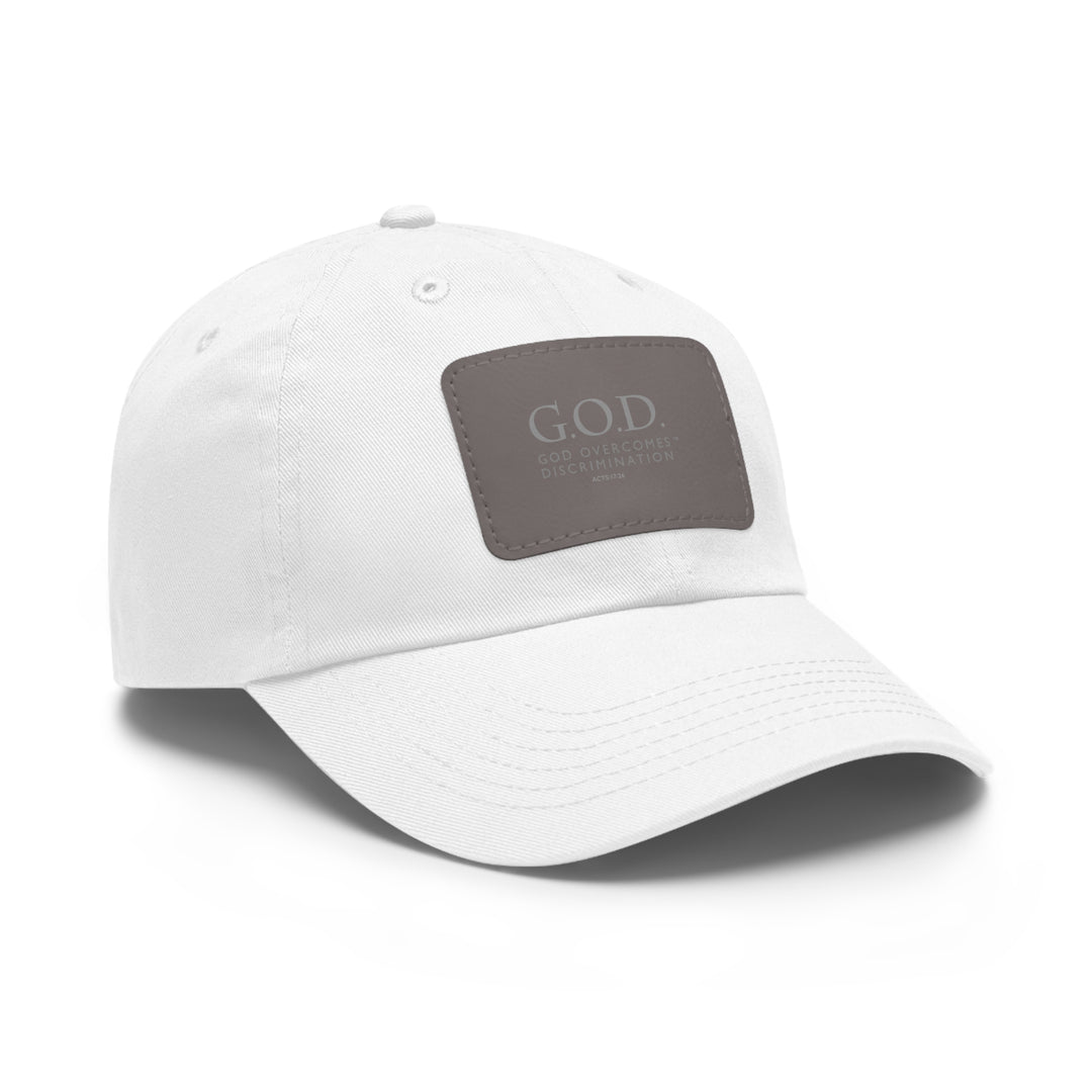 God Overcomes Discrimination Dad Hat with Leather Patch (Rectangle)