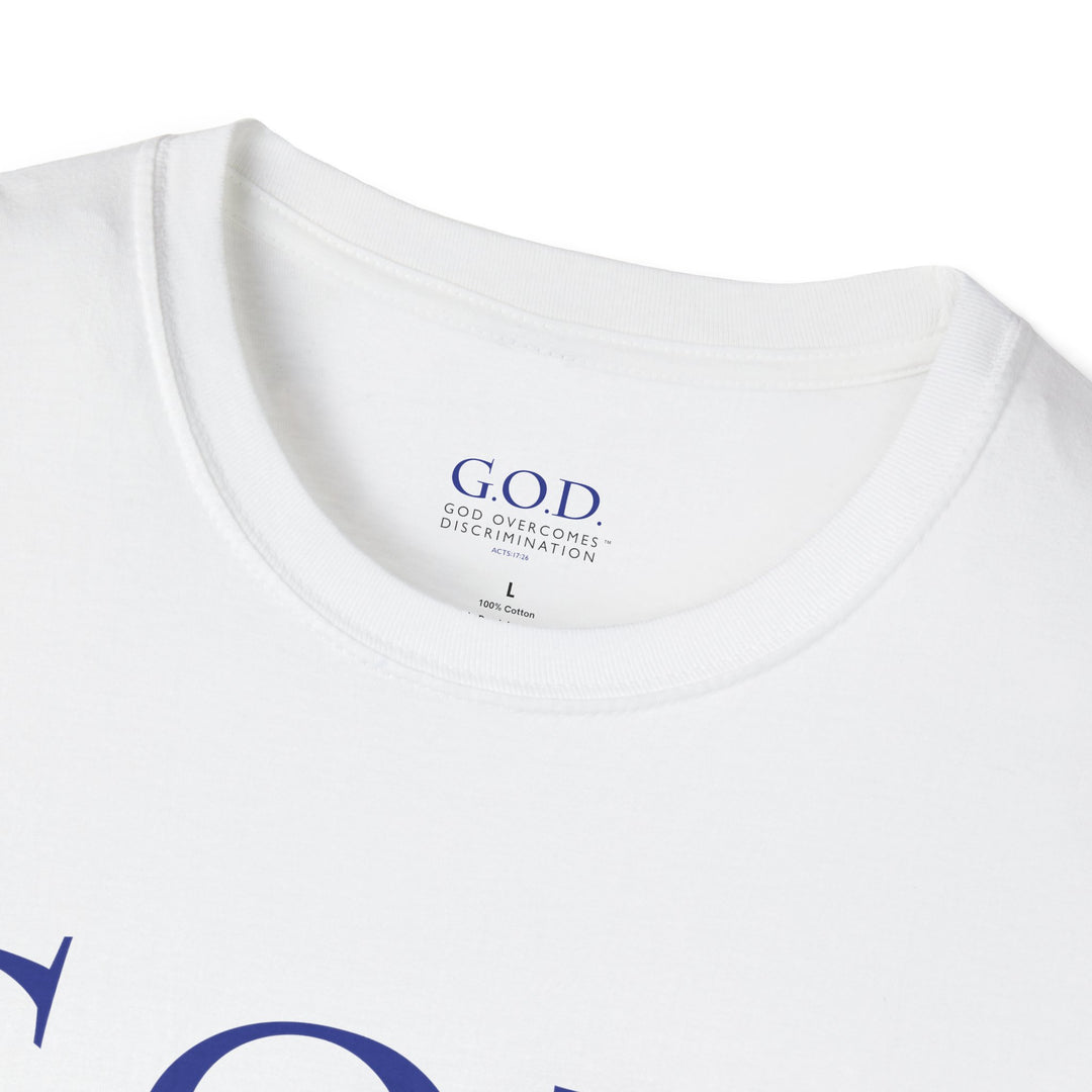 God Overcomes Discrimination  Unisex Softstyle T-Shirt Design 1