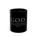 Load image into Gallery viewer, God Over Discrimination 11oz Black Mug
