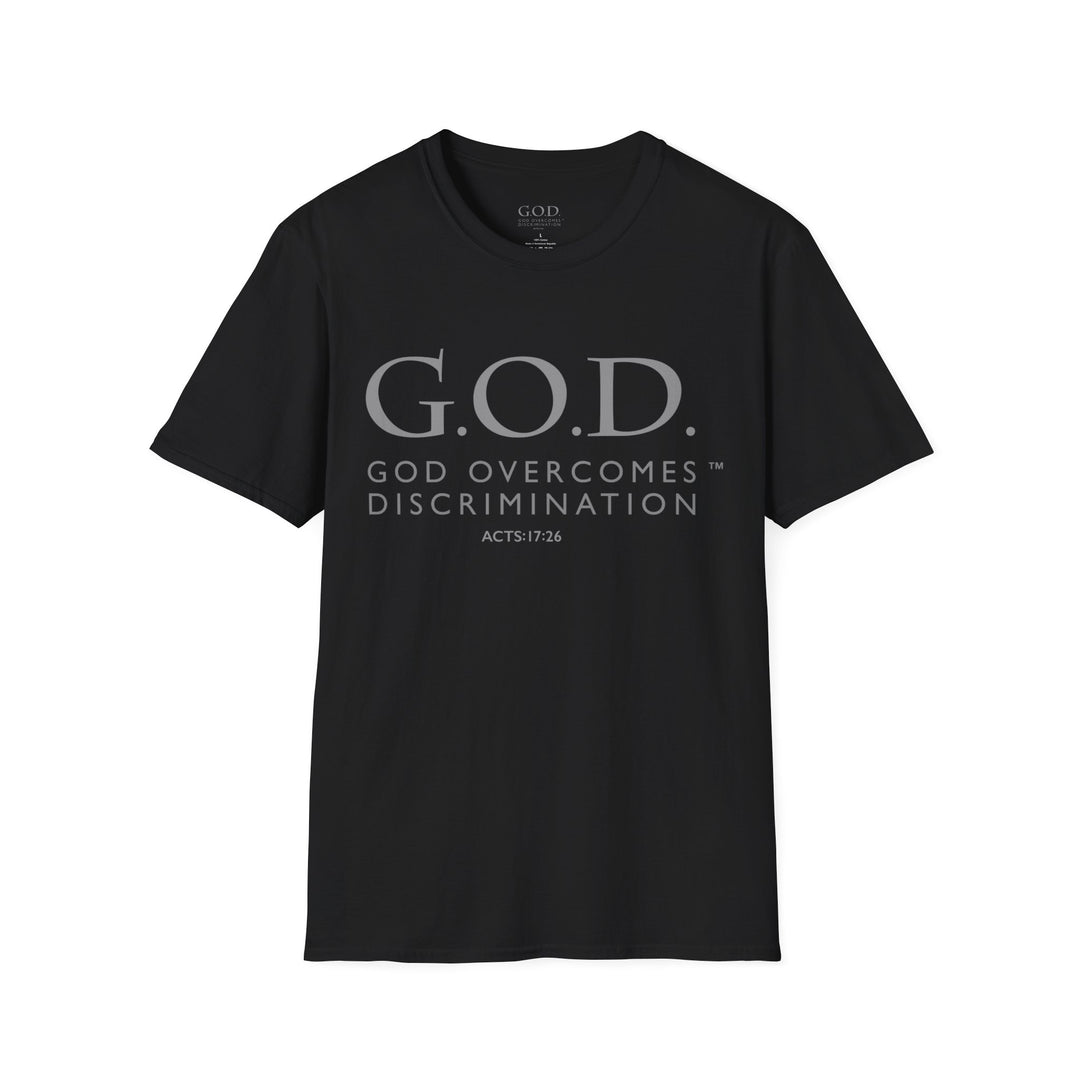 God Overcomes Discrimination  Unisex Softstyle T-Shirt Design 1